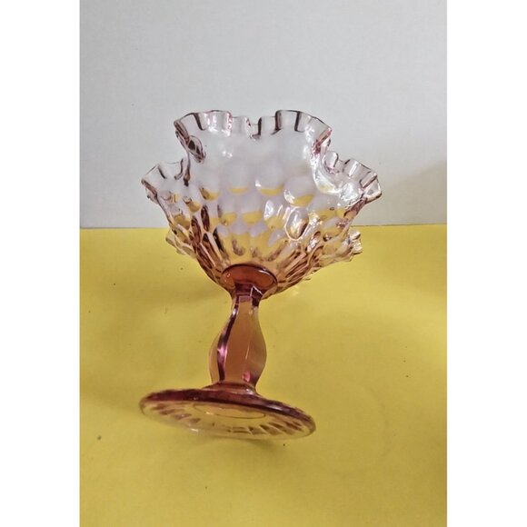 Fenton Peach Pink Glass Footed Bowl Double Ruffled Rim. 7" Tall 8" wide - Picture 14 of 15